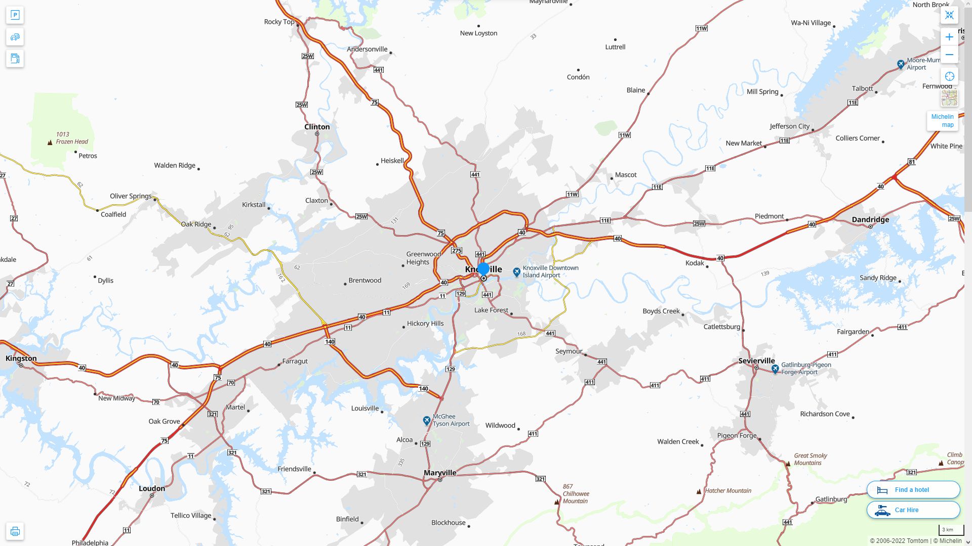 Knoxville Tennessee Highway and Road Map